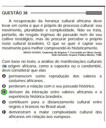 Questão do Enem de 2013 sobre os aspectos culturais africanos na composição da identidade brasileira.